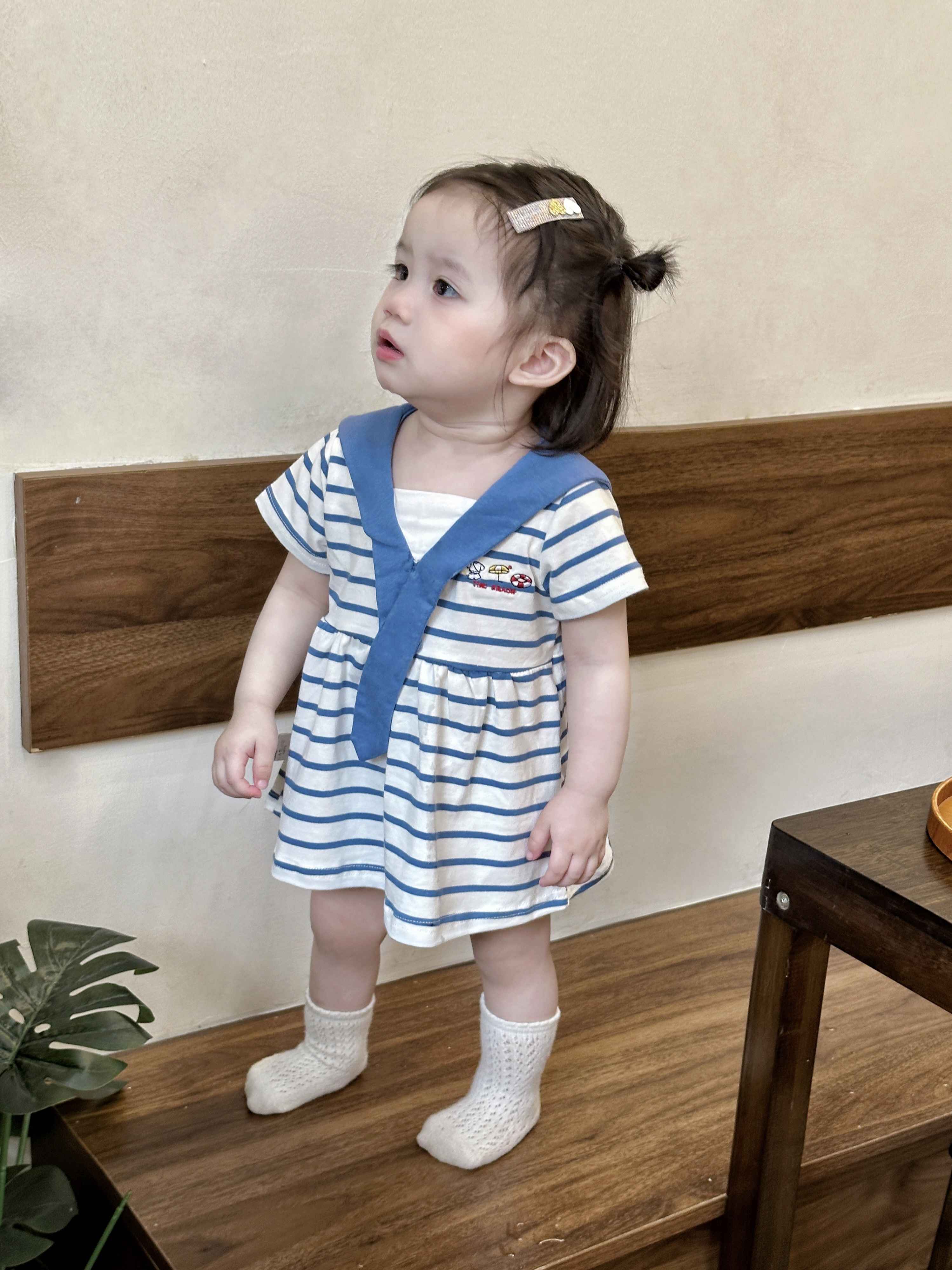 FADOBABY Girls' Navy Collar Striped Short Sleeve Summer Dress Newborn Toddler Cotton Princess Dress Summer 13